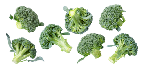 Broccoli flying isolated on white background.