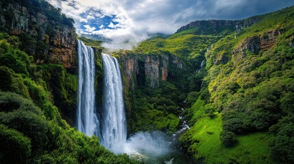 Majestic waterfall cascading down lush green mountains, mist rising, valley view