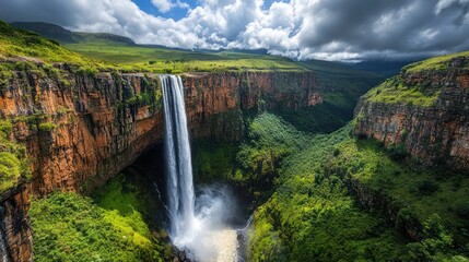 Majestic waterfall plunging into lush valley, dramatic clouds