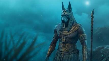 God of the Underworld Anubis Depicted with Dog Head and Egyptian Armor. Generative AI