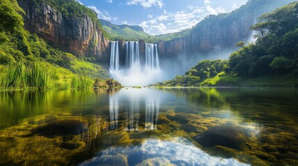 Fototapeta premium Majestic waterfall reflecting in tranquil lake, lush green valley, sunny day; nature travel