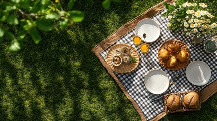 Picnic table setup with basket of food flowers and eco-friendly disposable tableware for outdoor dining