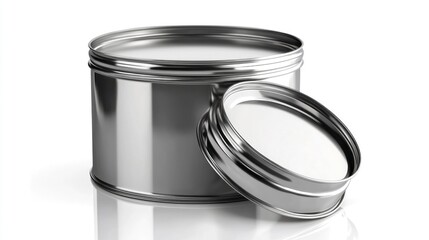 Silver metal tin container, open lid, white background, product packaging