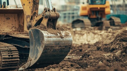 A close-up of a construction worker operating heavy machinery to excavate soil for a shopping mall basement, Shopping mall construction scene, Earthmoving operation style