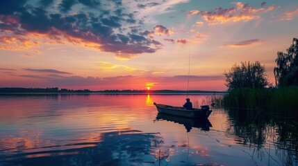 Fisherman sunset lake solitude boat peaceful nature