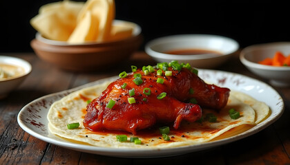 Classic Peking duck, thin pancakes, hoisin sauce, green onions.