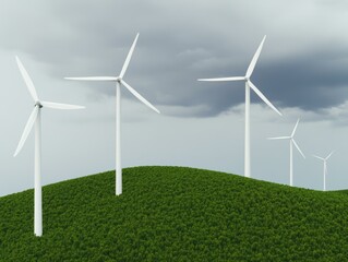 Fototapeta premium Renewable Energy Action Wind Turbines on Lush Green Hills Nature Landscape Dramatic Sky