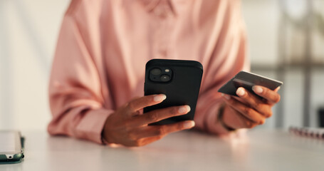 Business, hands and woman with smartphone, credit card and fintech with online shopping. Person,...