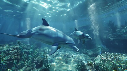 Fototapeta premium Two dolphins swim through a coral reef in a clear blue ocean.