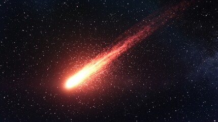 Bright Red Meteor Streaking Across Starry Sky on a Dark Night