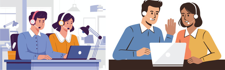 vector illustration of two customer service representatives or call center agents working together