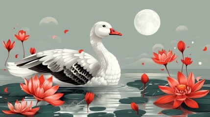 Fototapeta premium A serene illustration of a goose among vibrant water lilies under a full moon.