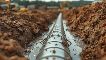 Construction Site with Excavation and Pipe Installation Process