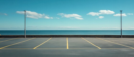 Calm parking lot by the sea under a blue sky.