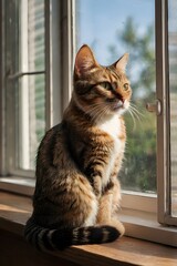 a cat sitting on a windowsill, watching birds outside.