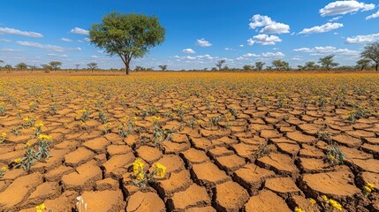 Fototapeta premium Dried cracked earth field with wildflowers under a clear sky