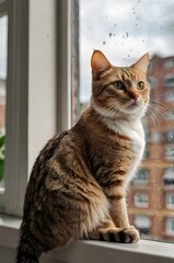 a cat sitting on a windowsill, watching birds outside.