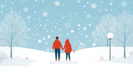 Cozy Winter Scene with Couple Holding Hands in Snowy Park Under Falling Snowflakes