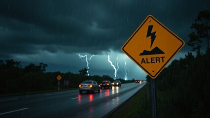 Storm Warning Sign with Lightning in Dramatic Rainy Landscape