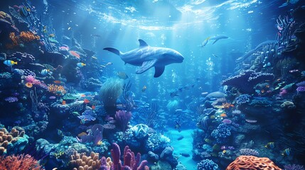 Fototapeta premium A dolphin swims above a vibrant coral reef.