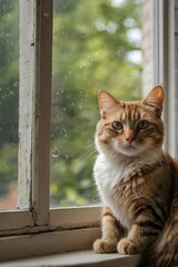 a cat sitting on a windowsill, watching birds outside.