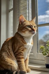 a cat sitting on a windowsill, watching birds outside.
