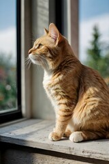 a cat sitting on a windowsill, watching birds outside.