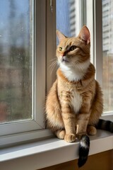 a cat sitting on a windowsill, watching birds outside.
