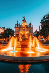 Fototapeta premium Illuminated Fountain Display at Dusk in Europe, Tourism, Travel promotion