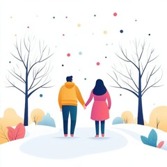 Obraz premium Couple Holding Hands in Winter Wonderland Surrounded by Snowflakes and Minimalist Trees
