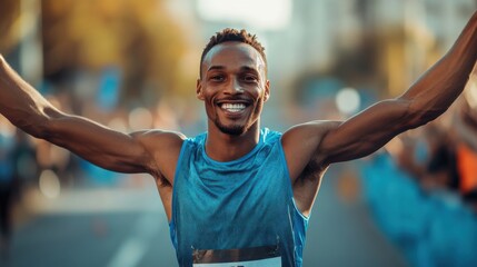 Joyful athlete crossing the finish line.