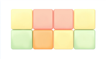 A set of of the eight colorful pastels, glossy square tiles arranged in a grid layout, ideal for backgrounds and UI design