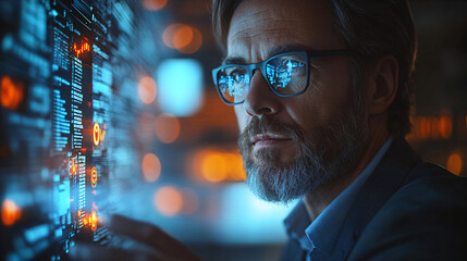 Focused businessman analyzing digital charts, cinematic business portrait