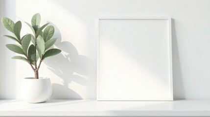 A minimalist white surface displays a potted plant and a blank frame, bathed in soft sunlight