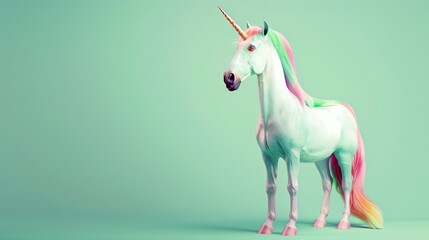 A white unicorn with a rainbow mane and tail against a light green background.