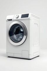 a close up of a white washing machine on a white surface