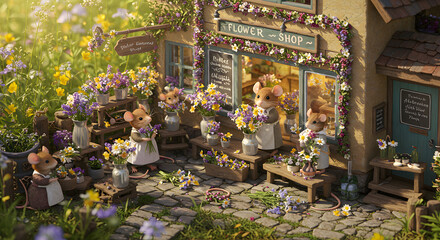 Mouse Flower Shop Scene with Miniature Details and Floral Abundance