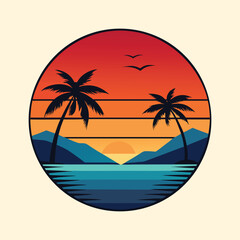  Abstract colorful summer beach, palm tree, retro, 80s style logo vector illustration 