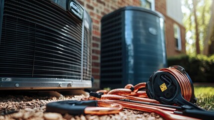 HVAC professional tools and copper pipes on the ground beside an AC unit