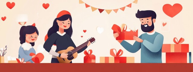 Family Celebration with Music and Gifts, Heart Decorations, Joyful Moments and Cozy Atmosphere