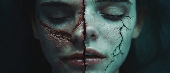 Conceptual Portrait of a Person with Distinctive Scar on One Side of Their Face Highlighting Contrast and Emotion