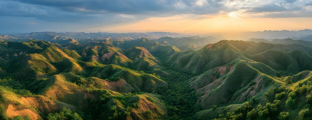 Sunset over rolling hills, scenic landscape