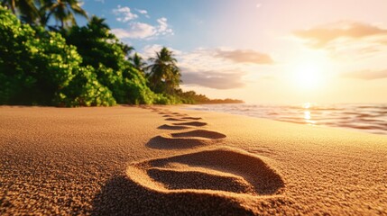 Fototapeta premium Footprints on a sandy beach with rippled patterns under clear blue sky and gentle waves in the background