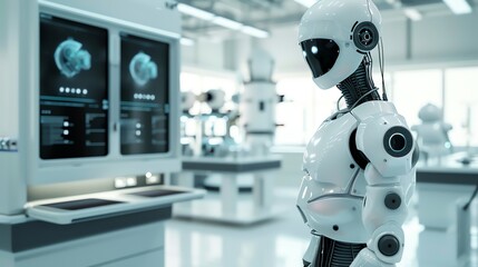 Fototapeta premium A white robot stands in a laboratory with another robot and a digital screen in the background.