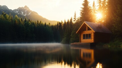 Fototapeta premium Sunrise cabin lake mountain escape