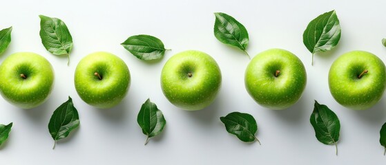 Fresh green apples with leaves arranged on a clean white background for healthy food concept