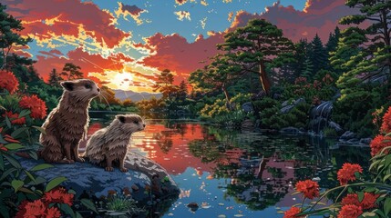 Two adorable creatures sit by a serene lake at sunset, surrounded by vibrant nature.