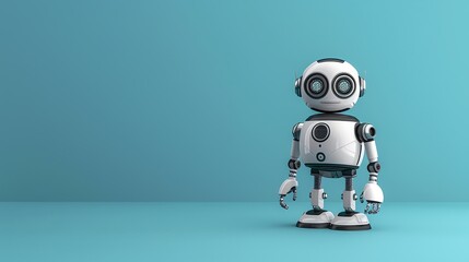 A white robot with big eyes stands on a blue background.