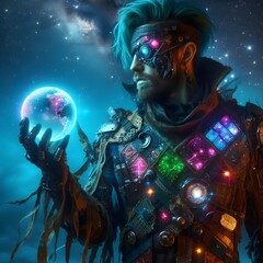 A futuristic space pirate, wearing a patchwork outfit made from glowing, celestial materials that change colors based on the stars