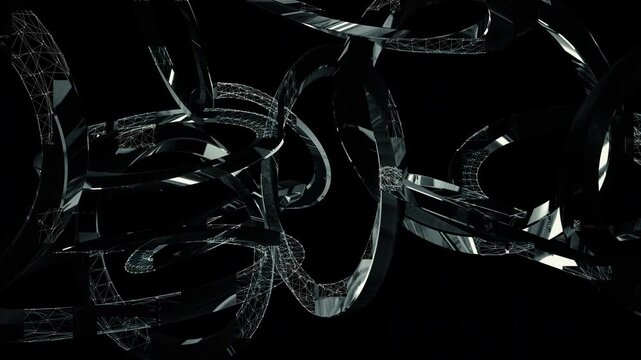 回転するメタリックなリングにワイヤーフレームが混ざる、ループするモーショングラフィックス素材 Looping motion graphics material with wireframes mixed with rotating metallic rings CG